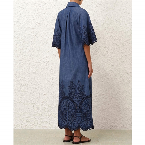 Zimmermann Coco Embroidered Denim Kjole, Railway Blue
